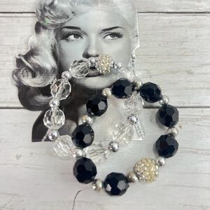 Beaded Stretch Bracelets Silver  Clear & black disco ball Beads Set Of 2.